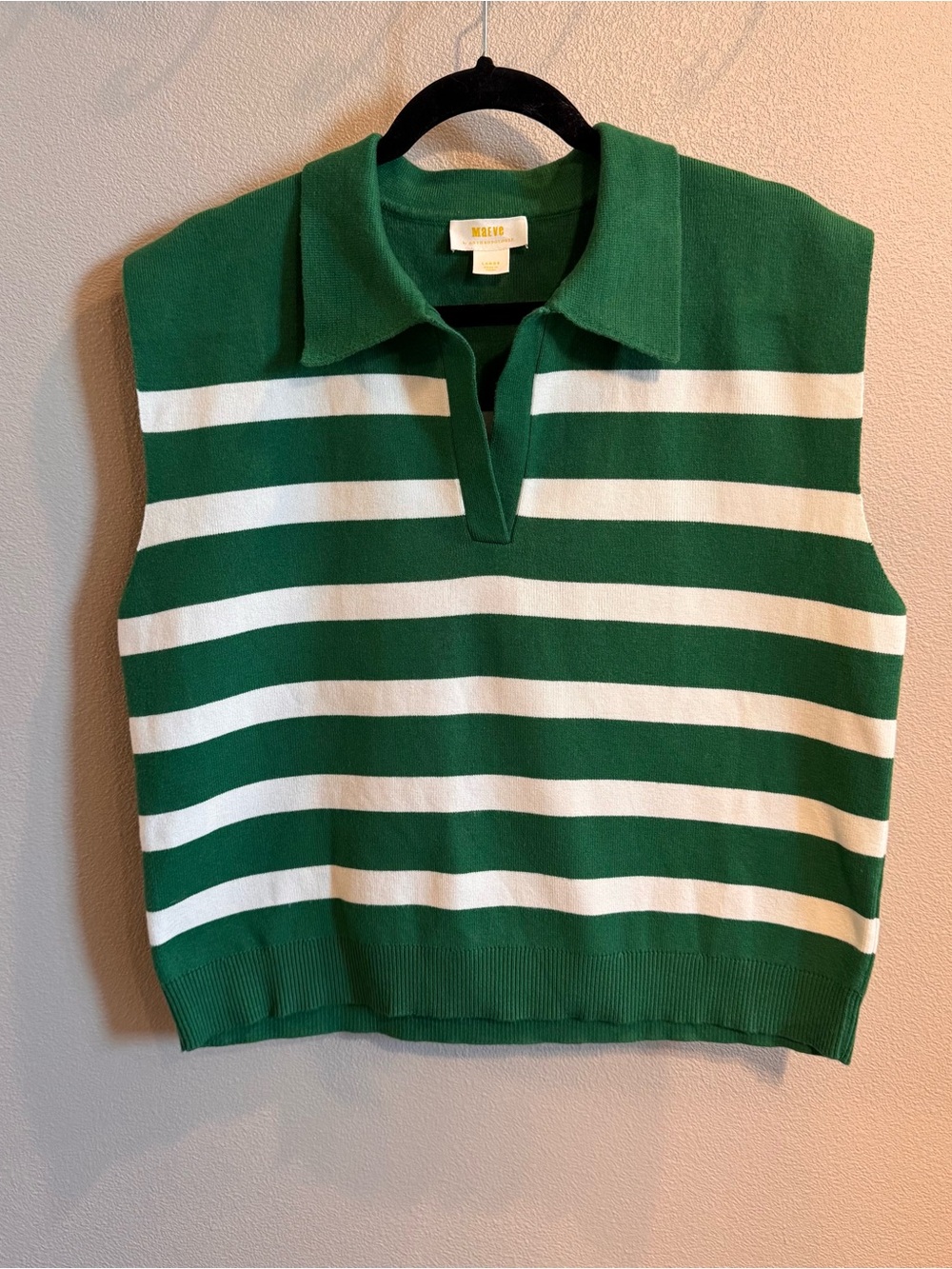 Anthropologie Maeve Green & White Striped Sleeveless Collared Polo Sweater Vest - Picture 2 of 9
